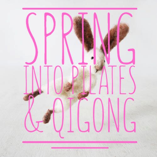 An image of a bunny and the words Spring Into Pilates & QiGong